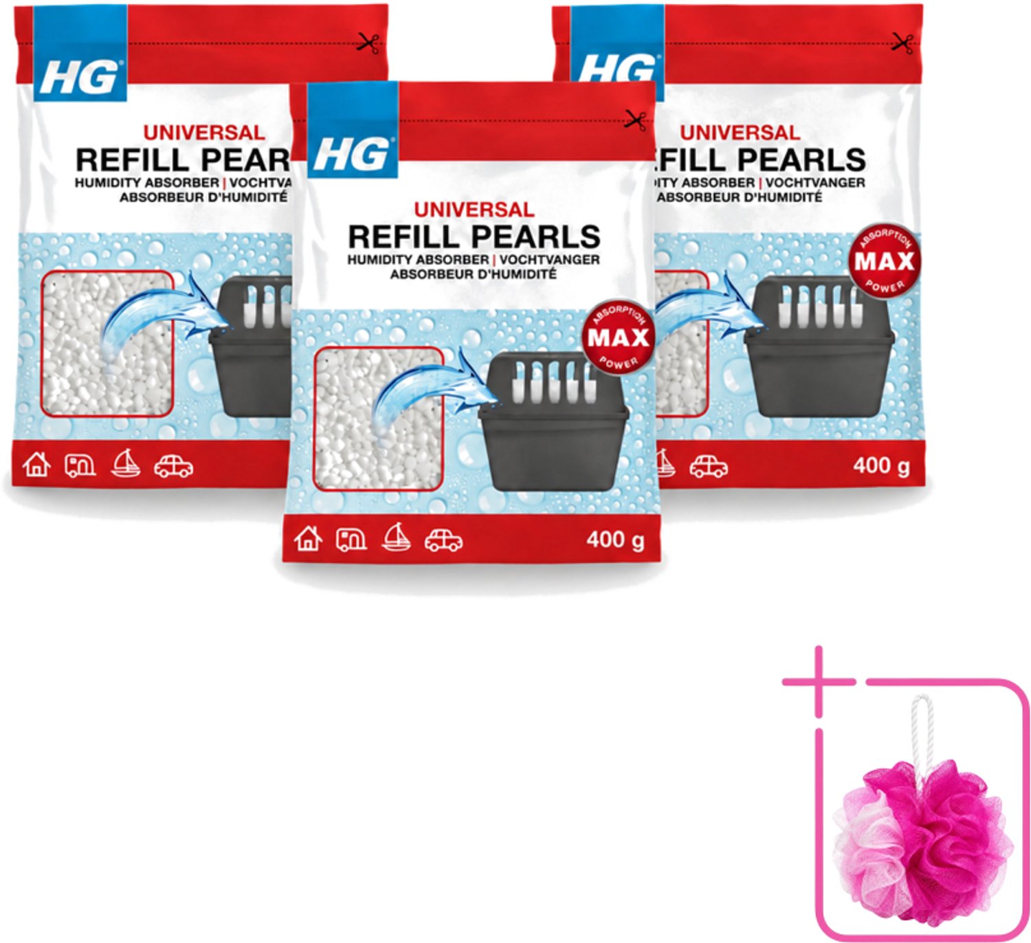 3 x HG - Refill Pearls voor Vochtvanger - Navulling - 400 g - Bulkverpakking - Vochtvanger navulling - Douchemop - Vochtabsorberende parels