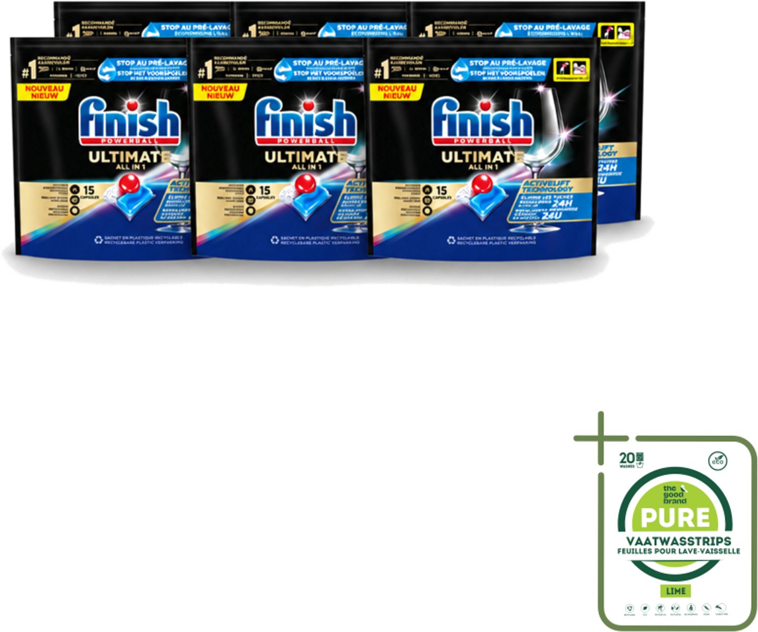 6 x Finish Powerball - Ultimate All in 1 - Vaatwastabletten - Activelift - 15 Capsules - Grootverpakking - Vaatwasstrips - Vaatwastabletten - Activelift - Reiniging - Glans - Vaatwassen