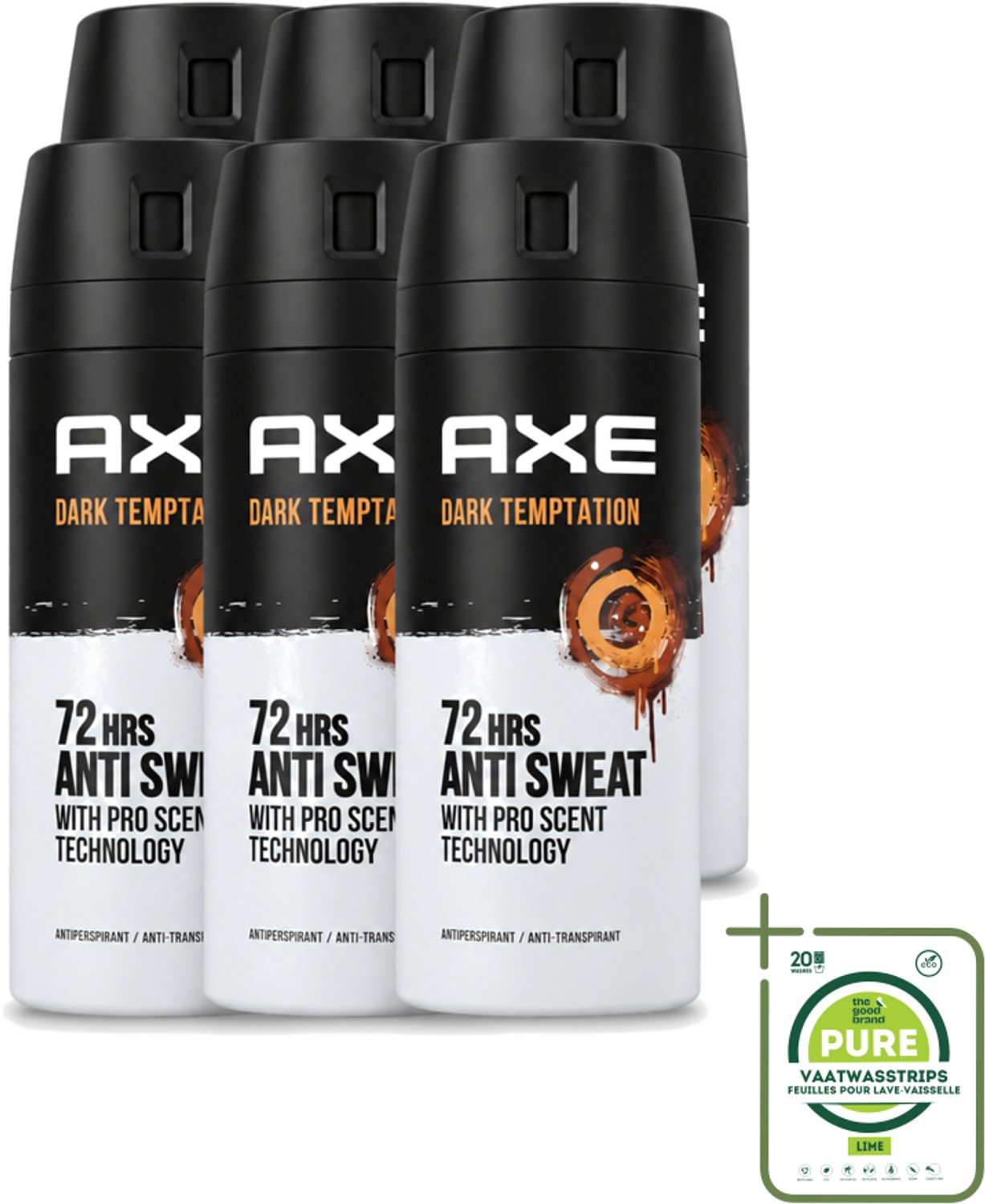 6 x Axe - Deodorant Spray - 72hrs Anti Sweat - Dark Temptation - 150 ml - Grootverpakking - Vaatwasstrips - Anti-sweat Spray - 72 Uur Bescherming - Zweetvoorkomend - Geur Chocolade - Kruiden Geur