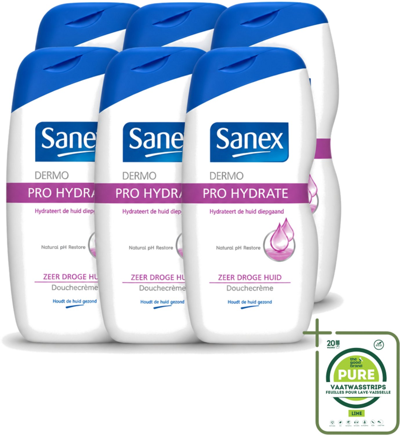 6 x Sanex Dermo - Pro Hydraterend - Douchecrème - Zeer Droge Huid - 500 ml - Grootverpakking - Vaatwasstrips - Hydratatie Huid - Droge Huid - Douchecrème - Huidbescherming - Dermo Active 3 Complex