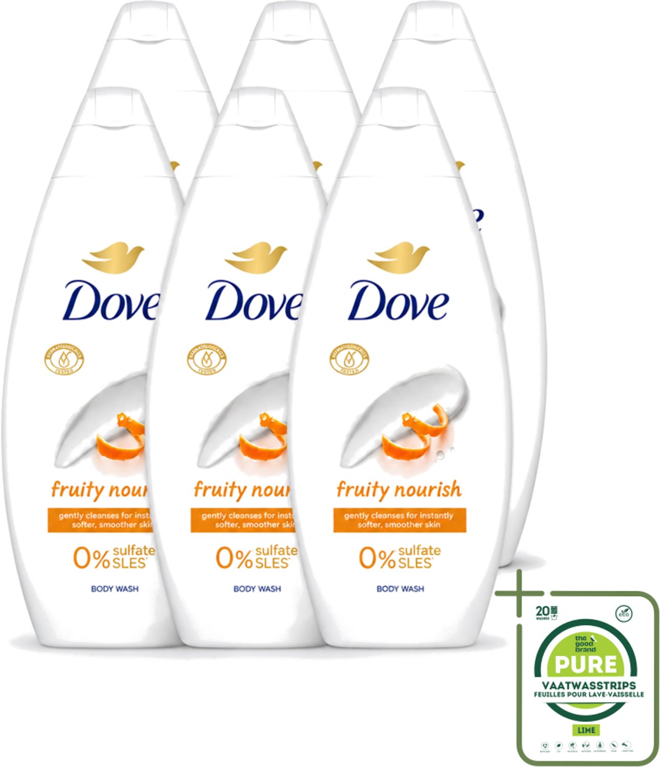 6 x Dove Fruity Nourish - Douchegel - Sulfaatvrij - 250 ml - Grootverpakking - Vaatwasstrips - Douchegel - Voedende Douchegel - Sulfaatvrije Douchegel - Fruitige Douchegel - Huidverzorging
