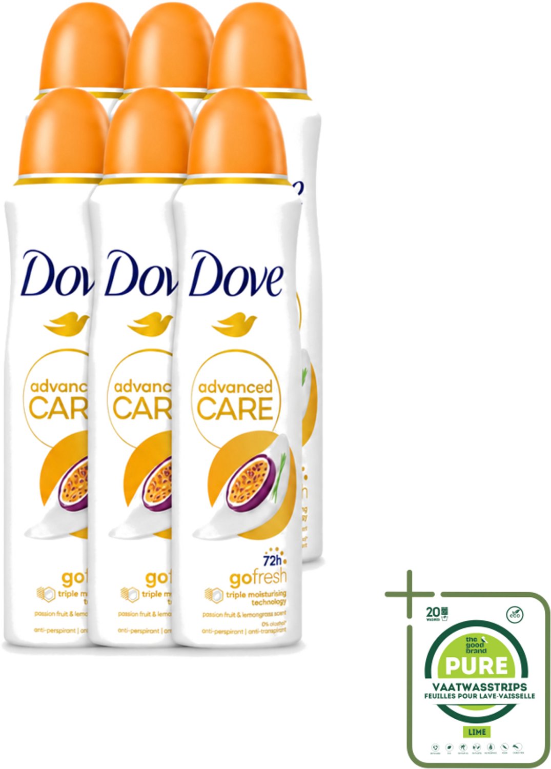 6 x Dove - Deospray - Passievrucht & Citroengras - 150 ml - Grootverpakking - Vaatwasstrips - Passievrucht En Citroengras - Anti-transpirant - Deospray - Okselbescherming - Geur