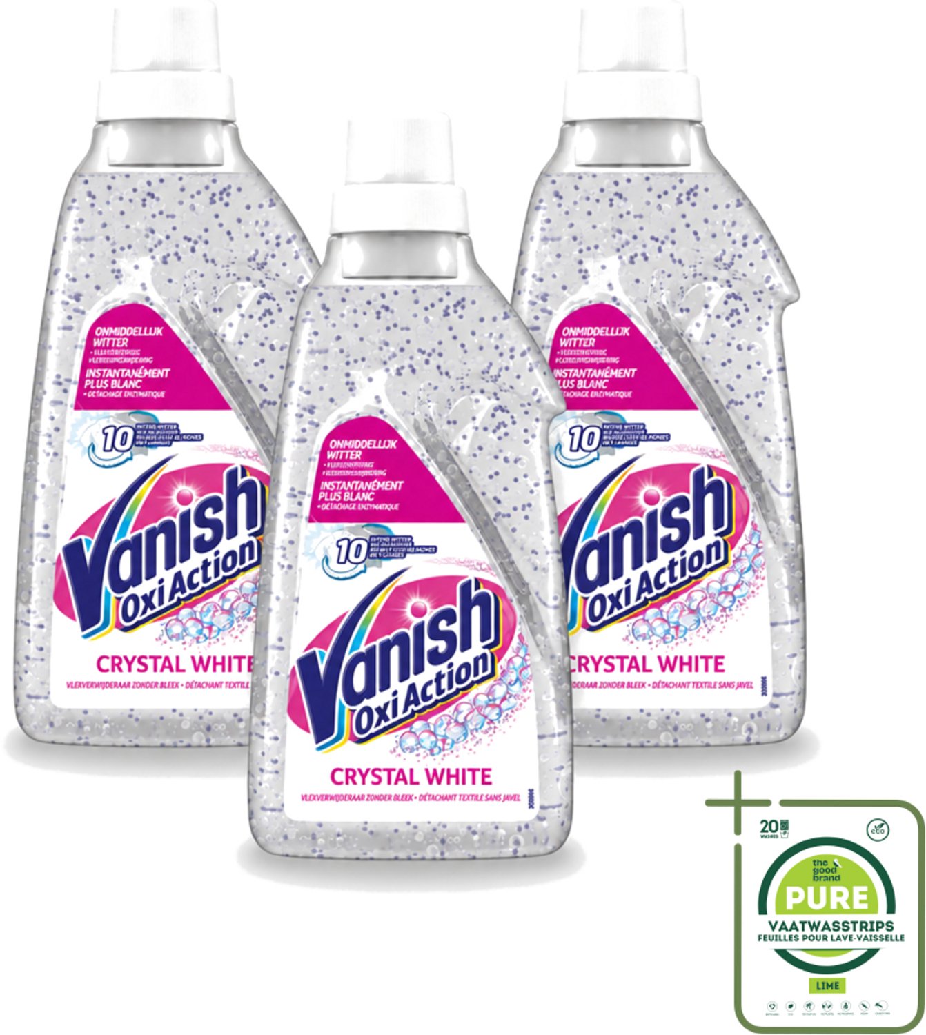 3 x Vanish Oxi Action - Kristalwit - Vlekkenverwijderaar Gel - Zonder Bleek - Witte Was - 15 Wasbeurten - Grootverpakking - Vaatwasstrips - Vlekkenverwijderaar - Witte Was - Kristalwit - Wasmiddel - Vlekkenverwijdering
