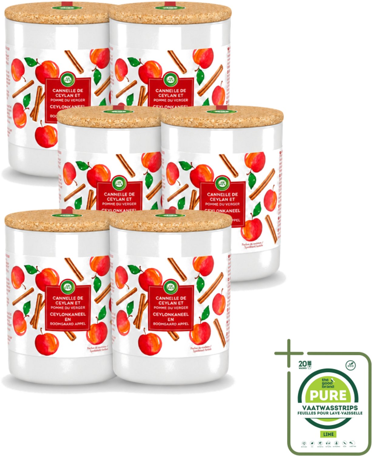Air Wick 6 x Air Wick - Geurkaars - Kaneel & Boomgaard Appel - 35 Uur Brandduur - Grootverpakking - Vaatwasstrips - Geurkaars - Kaneel - Boomgaard Appel - Warme Geur - Frisse Geur Rood