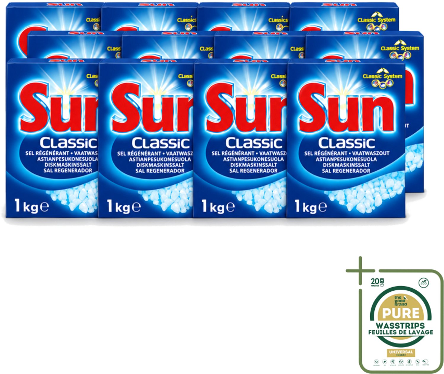 12 x Sun Classic - Vaatwaszout - Klassiek Systeem - 1 kg - Wasstrips - Vaatwaszout - Kalkaanslag Voorkomen - Vaatwasser Onderhoud - Waterhardheid - Klassiek Systeem