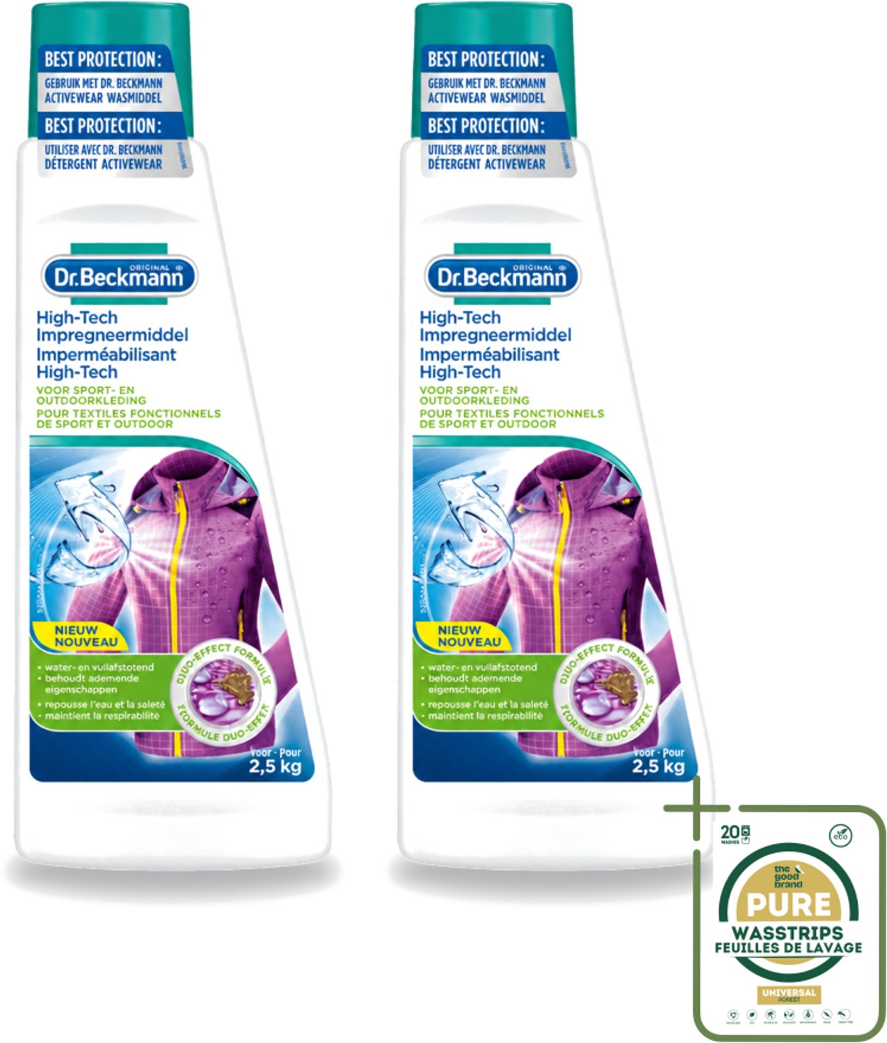 2 x Dr. Beckmann - High Tech Impregneermiddel - Sport- & Outdoorkleding - Witte en Gekleurde Was - 2.5 KG - Wasstrips - Sportkleding Beschermen - Waterafstotend Middel - Vuilafstotend Middel - Impregneermiddel Sportkleding - Kleding Beschermen