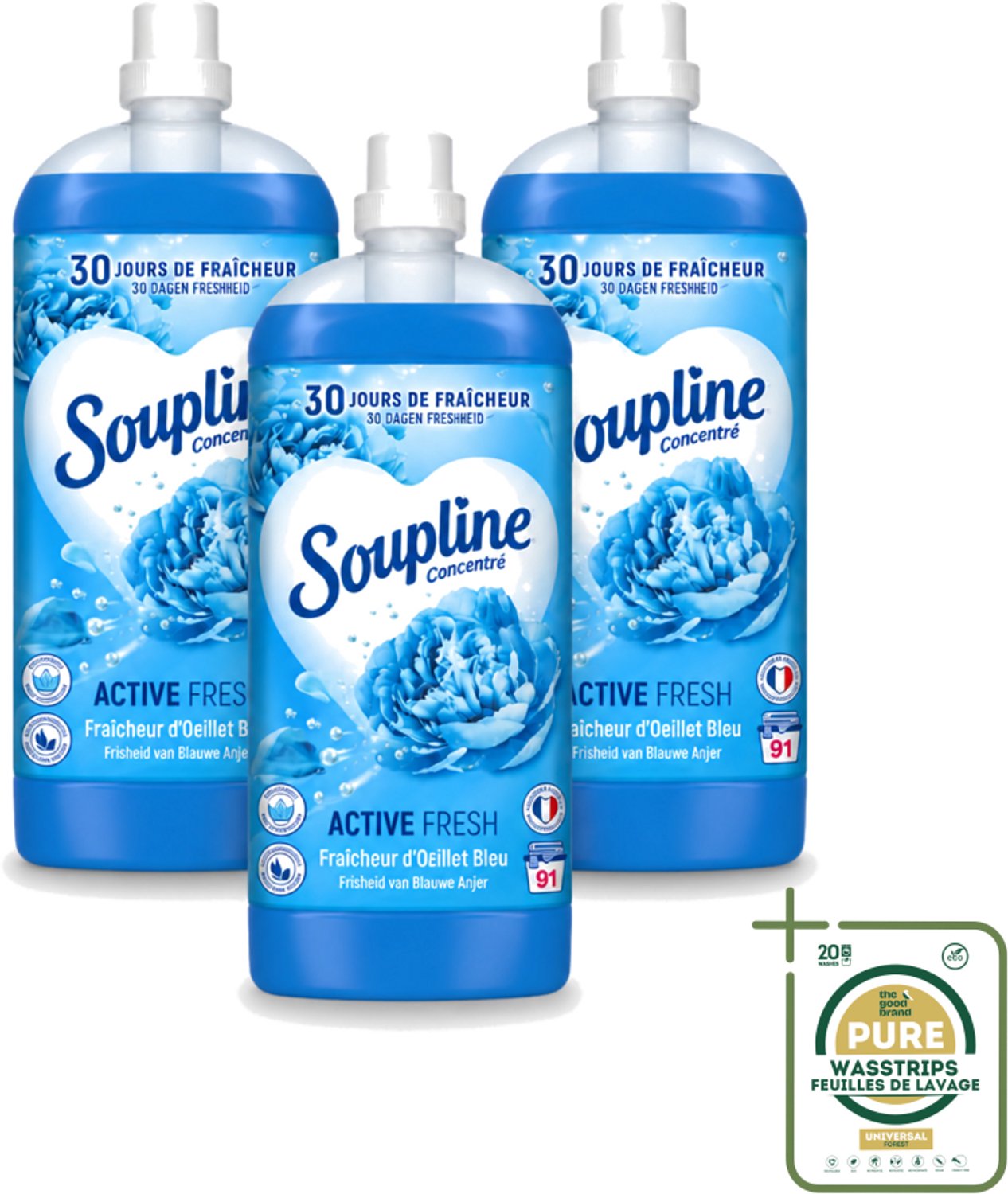 3 x Soupline – Wasverzachter – Active Fresh Frisheid van Blauwe Anjer – 2 L - Wasstrips - Wasverzachter - Frisheid - Blauwe Anjer - Wasgoed - Kleding