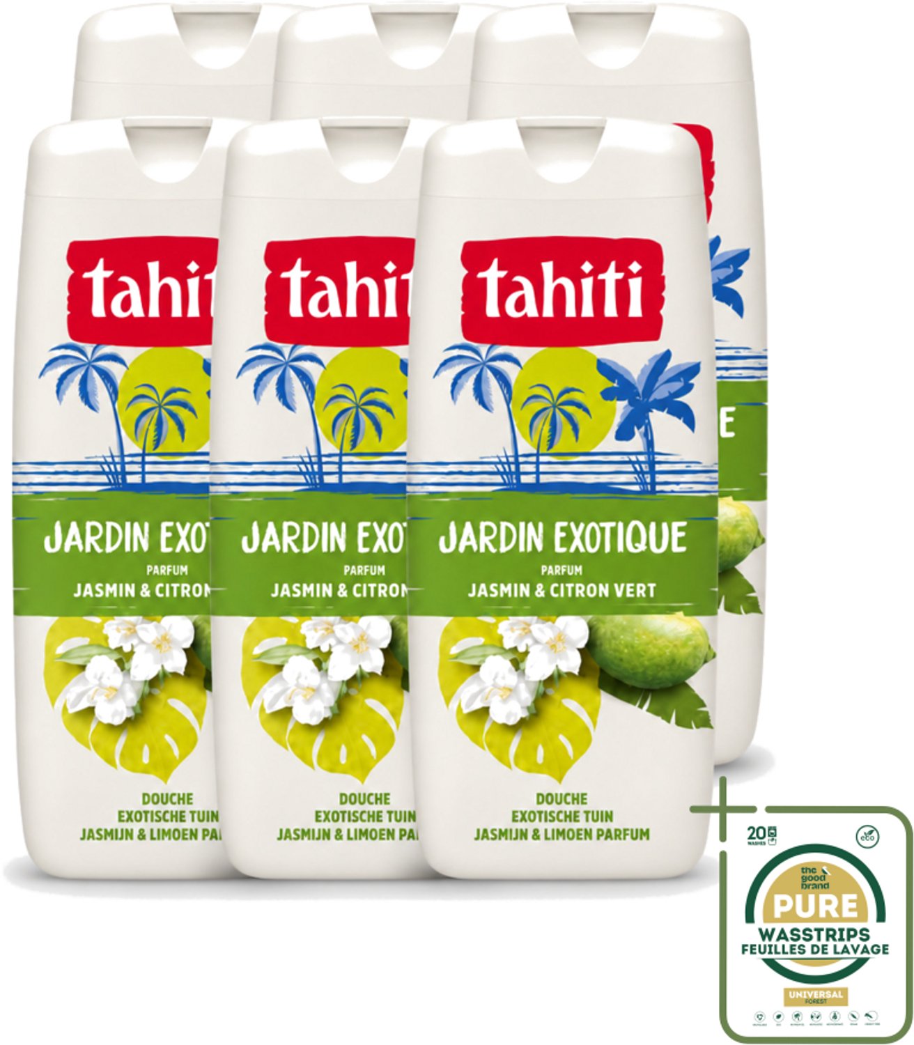 6 x Tahiti – Douchegel – Exotische Tuin Jasmijn & Limoen - 315 ml - Wasstrips - Douchegel - Jasmijn - Limoen - Exotisch - Geur
