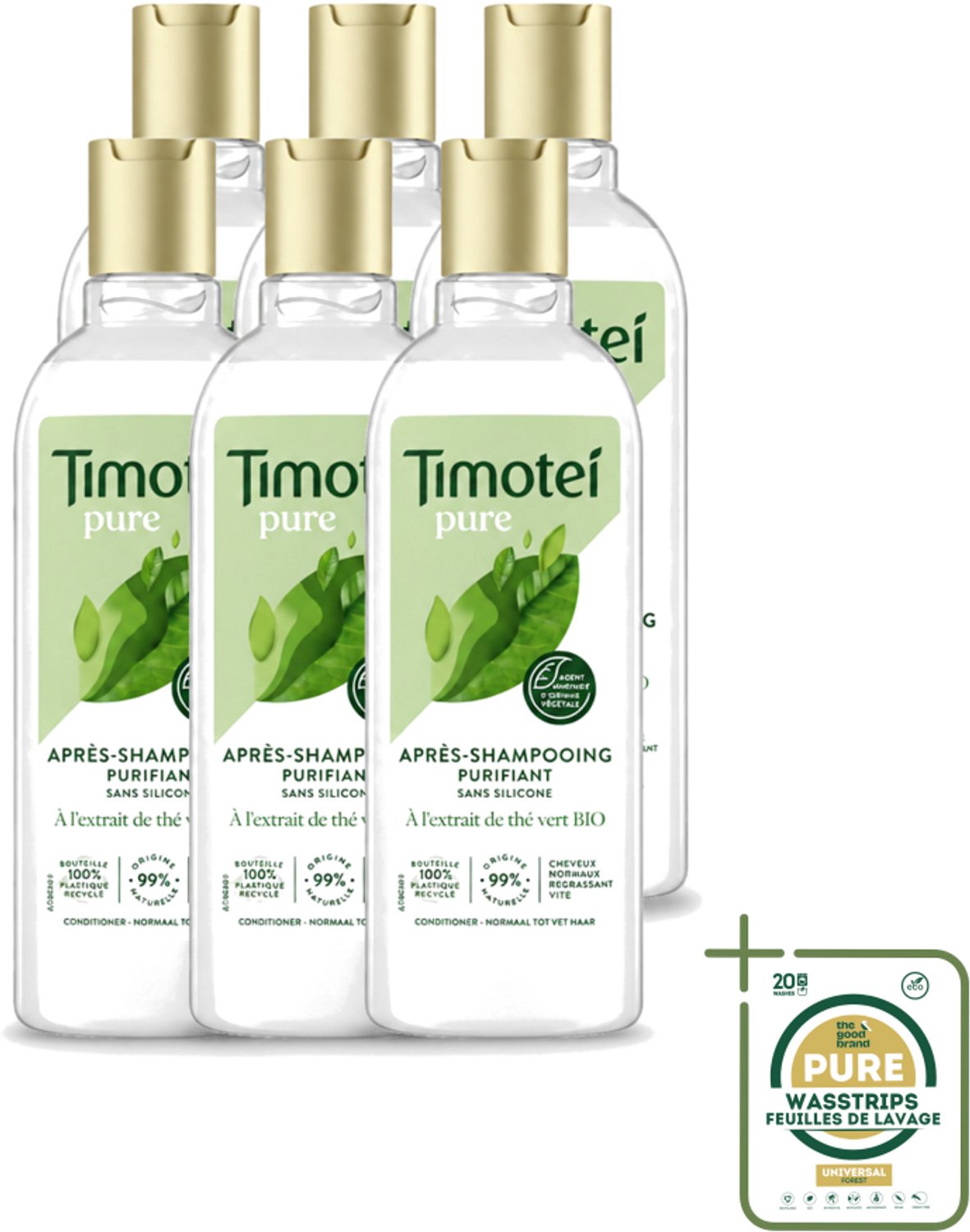 6 x Timotei Conditioner - pure groene thee - 300 ml - Wasstrips - Groene Thee Conditioner - Zachte Haar - Fris Haar - Natuurlijke Haar Verzorging - Haar Verzorging