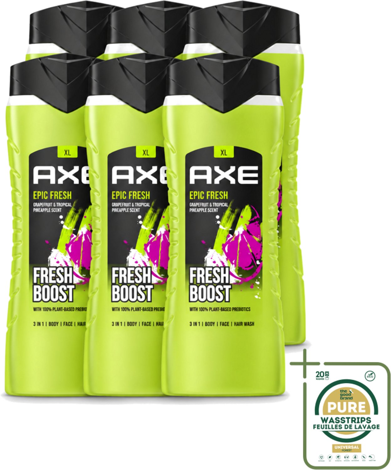6 x AXE – Douchegel – Epic Fresh Fresh Boost 3-in-1 – 400 ml - Wasstrips - Douchegel - Frisheid - Lichaam - Gezicht - Haar