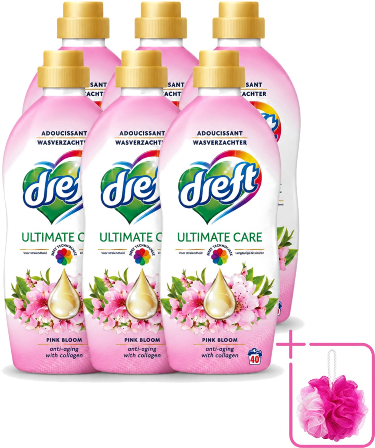 6 x Dreft - Ultimate Care - Wasverzachter - Roze Bloem - Anti-Veroudering - 40 Wasbeurten - Bulkverpakking - Wasverzachter - Douchemop - Anti-aging
