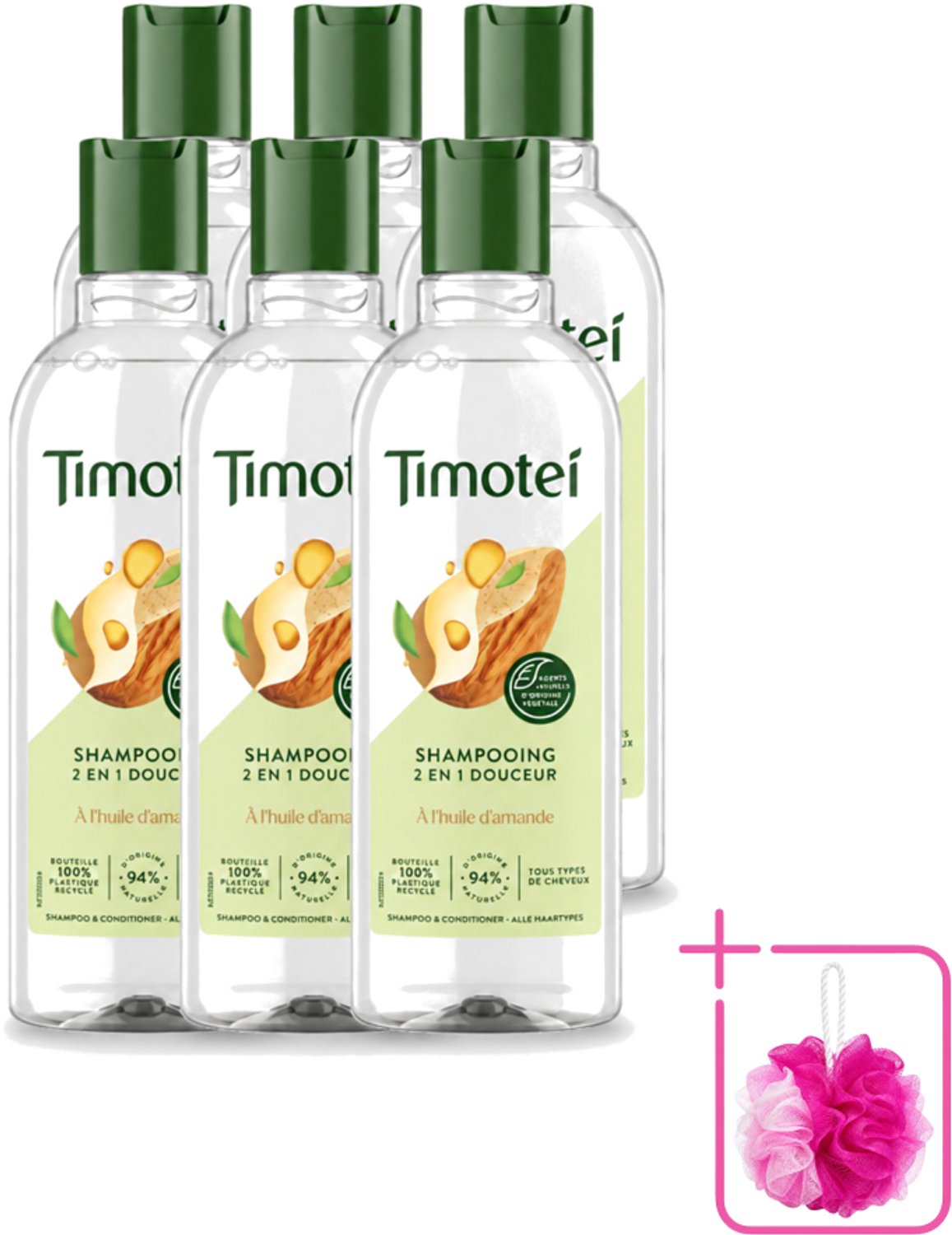 6 x Timotei - Shampoo - Amandelolie - 2in1 - Alle haartypes - 300ml - Bulkverpakking - 2in1 shampoo en conditioner - Douchemop - Amandelolie shampoo