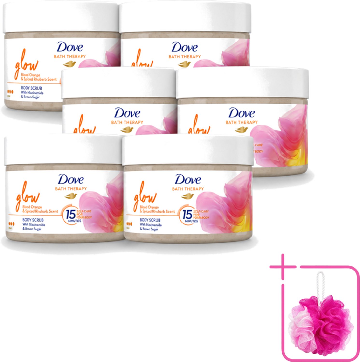 6 x Dove Bath Therapy Glow - Bodyscrub - Bloedsinaasappel & Rabarber - 295 ml - Bulkverpakking - Huid verzorging - Douchemop - Huid stralen