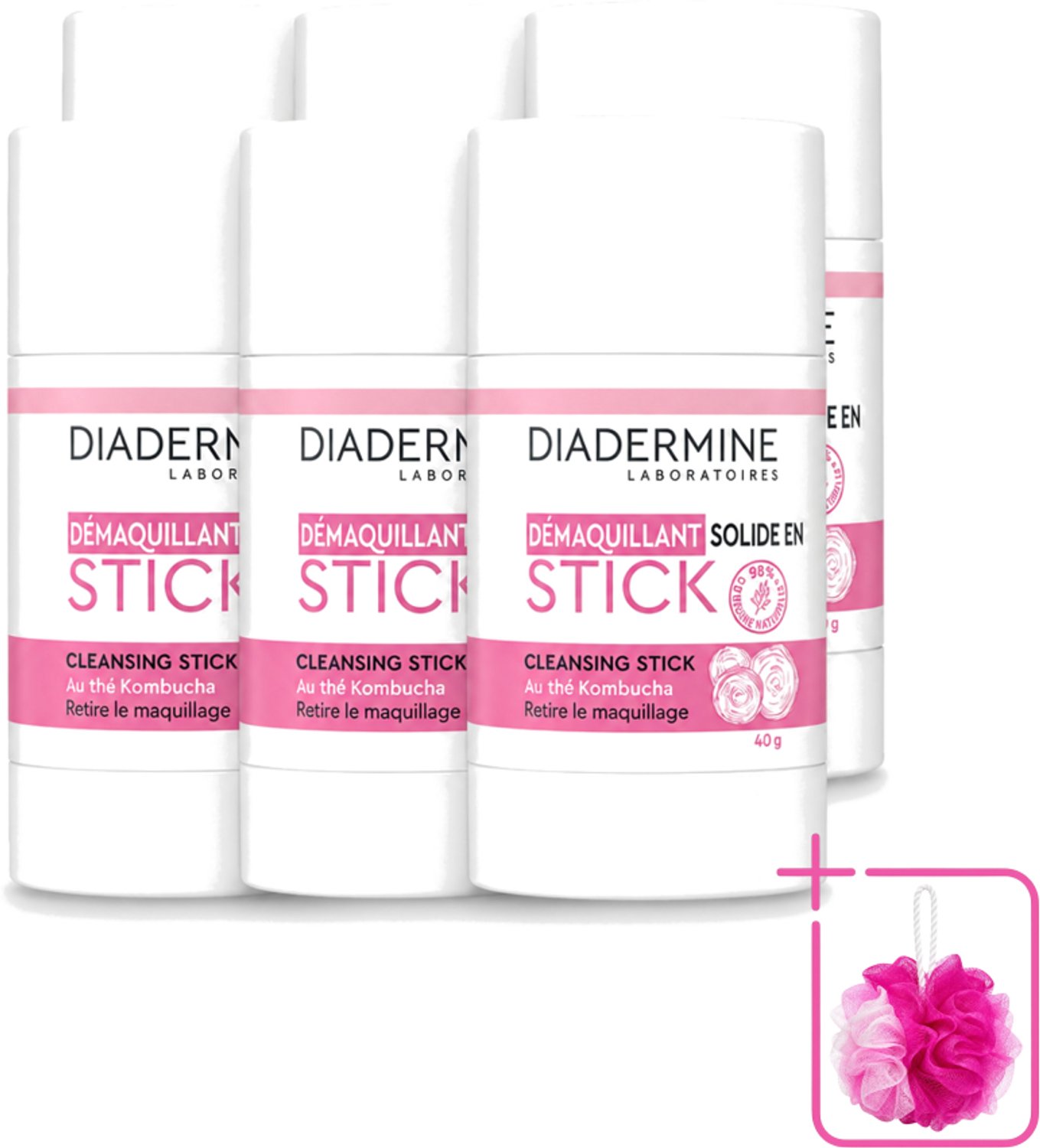 6 x Diadermine - Essential Care - Cleansing Stick - Kombucha - 40g - Bulkverpakking - Huid reinigen - Douchemop - Huid verzorgen