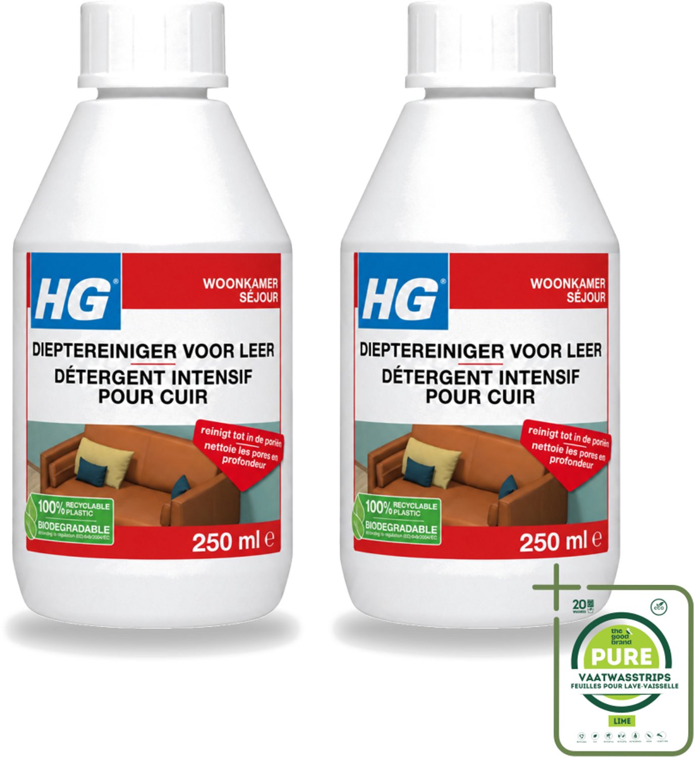 2 x HG - Dieptereiniger Voor Leer - Veilig & Milde Reiniging - 250 ml - Grootverpakking - Vaatwasstrips - Leer Reinigen - Leer Reiniger - Diepte Reiniger - Leer Reinigen Zonder Schade - Leer Finish Reinigen