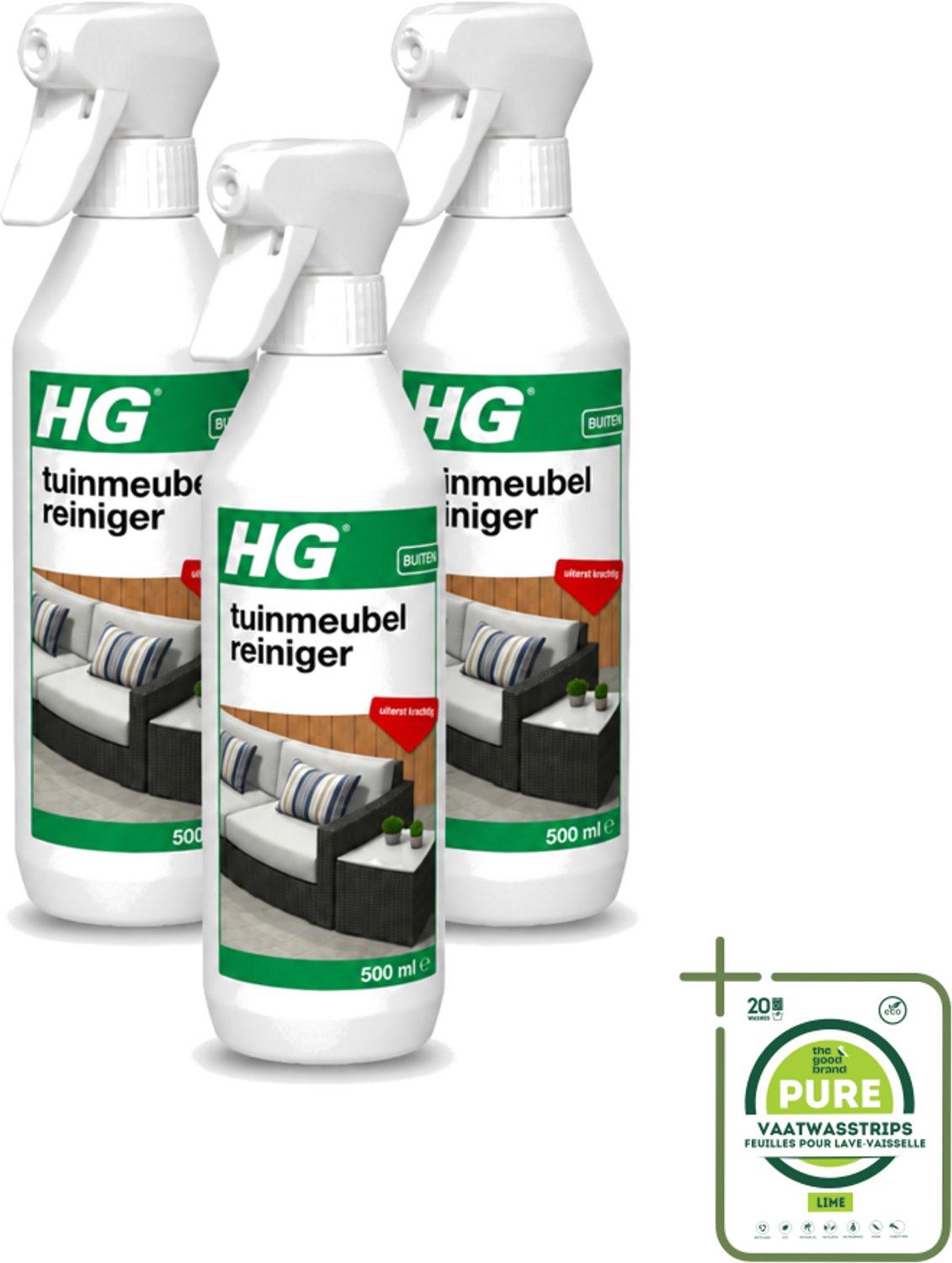3 x HG - Buiten - Tuinmeubelreiniger - Uiterst Krachtig - 500 ml - Grootverpakking - Vaatwasstrips - Tuinmeubel Reinigen - Tuinmeubel Reiniger - Buitenmeubel Reinigen - Meubel Reinigen - Vervuiling Verwijderen