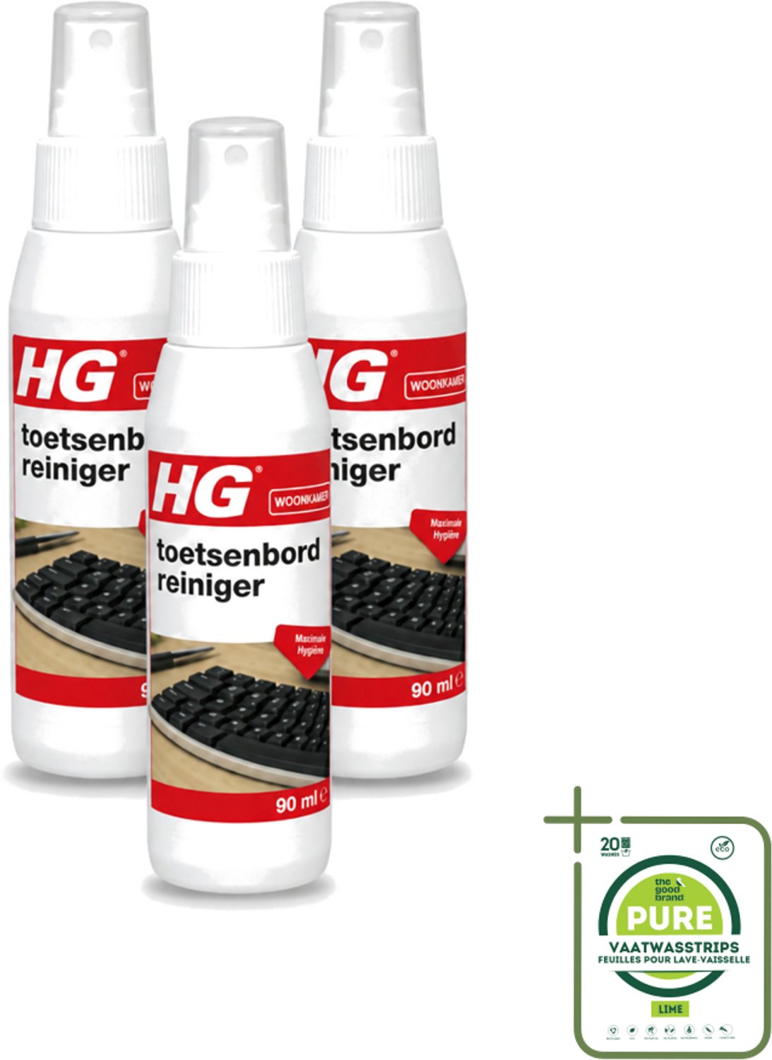 3 x HG - Toetsenbordreiniger - Maximale Hygiëne - Reinigt Snel & Effectief - 90 ml - Grootverpakking - Vaatwasstrips - Toetsenbord Reinigen - Toetsenbord Reiniger - Toetsenbord Schoonmaken - Toetsenbord Hygiëne - Toetsenbord Reinigen Zonder Schade