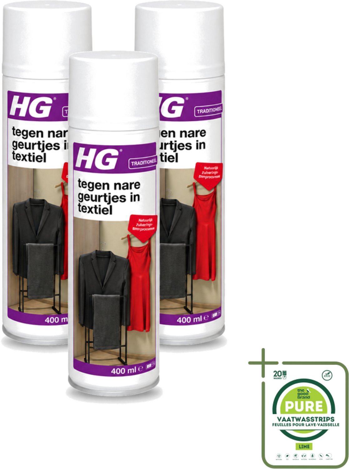 3 x HG - Tegen Nare Geurtjes In Textiel - Natuurlijk Zuiveringsproces - Veilig Voor Alle Textiel - 400 ml - Grootverpakking - Vaatwasstrips - Geurverwijdering Textiel - Stankmoleculen Oplossen - Textiel Reinigen - Geur In Kleding - Geur In Gordijnen