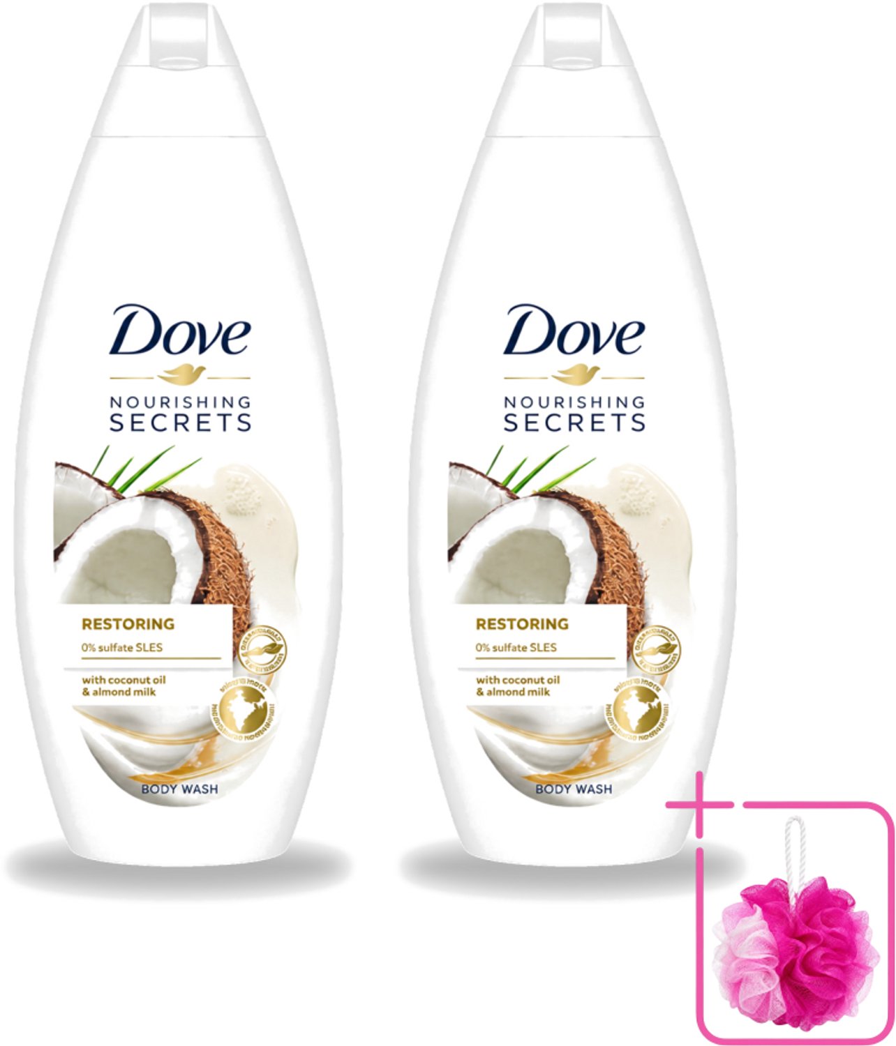 2 x Dove Nourishing Secrets - Douchegel - Kokosolie & Amandel melk - Sulfaatvrij - 250 ml - Bulkverpakking - Douchegel - Douchemop - Kokosolie