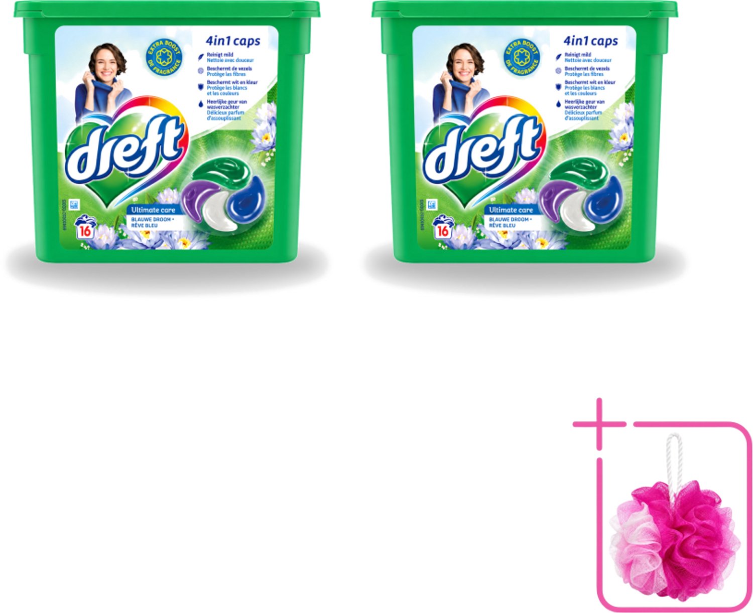 2 x Dreft - Wasmiddelcapsules 4in1 - Witte en Gekleurde Was - Blauwe Droom - 16 Wasbeurten - Bulkverpakking - Wasmiddelcapsules - Douchemop - Blauwe Droom