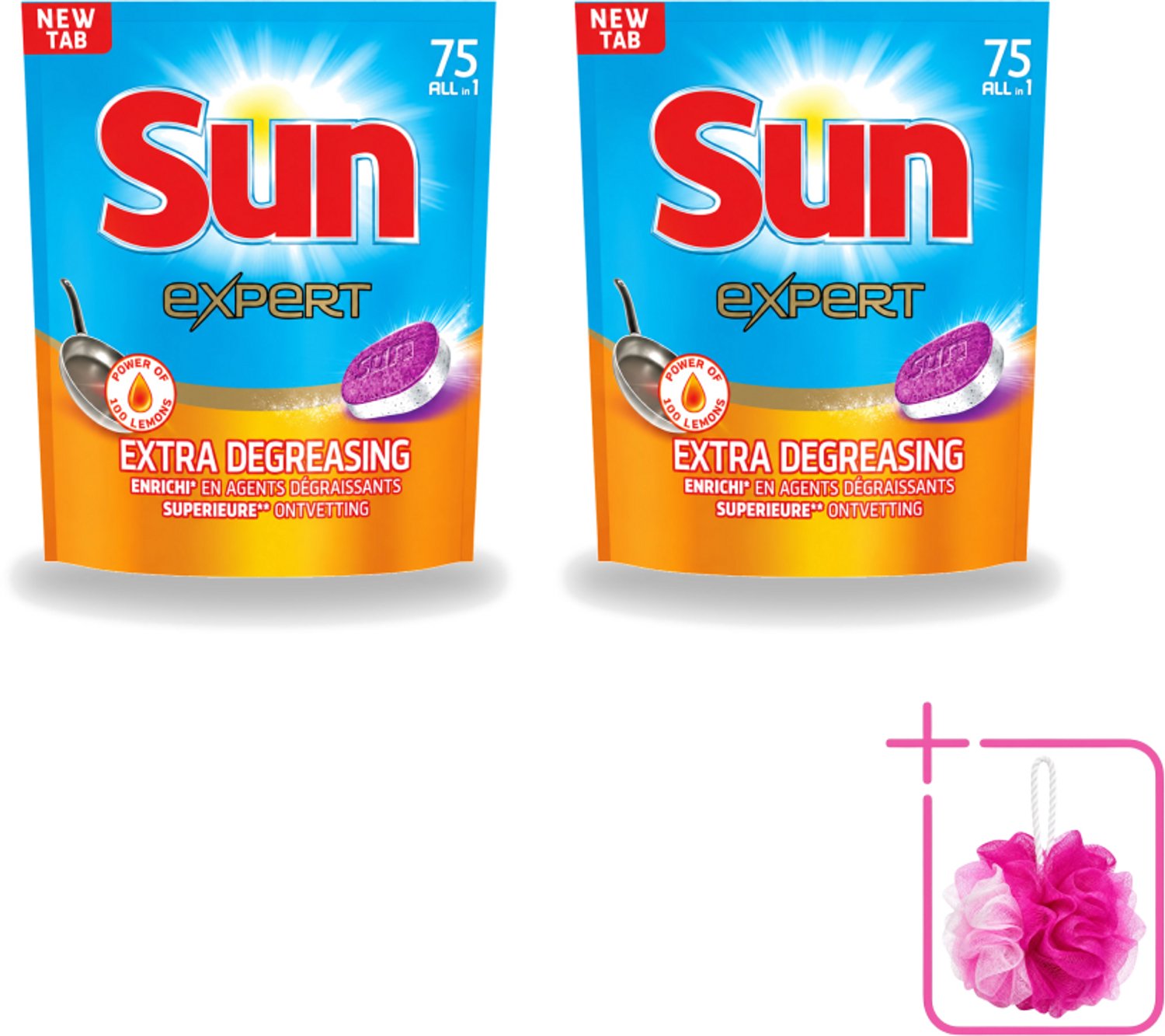 2 x Sun Expert - All-in-1 - Vaatwastabletten - Extra Ontvettend - 75 Tabletten - Bulkverpakking - Vaatwastabletten - Douchemop - Vaatwasmiddel