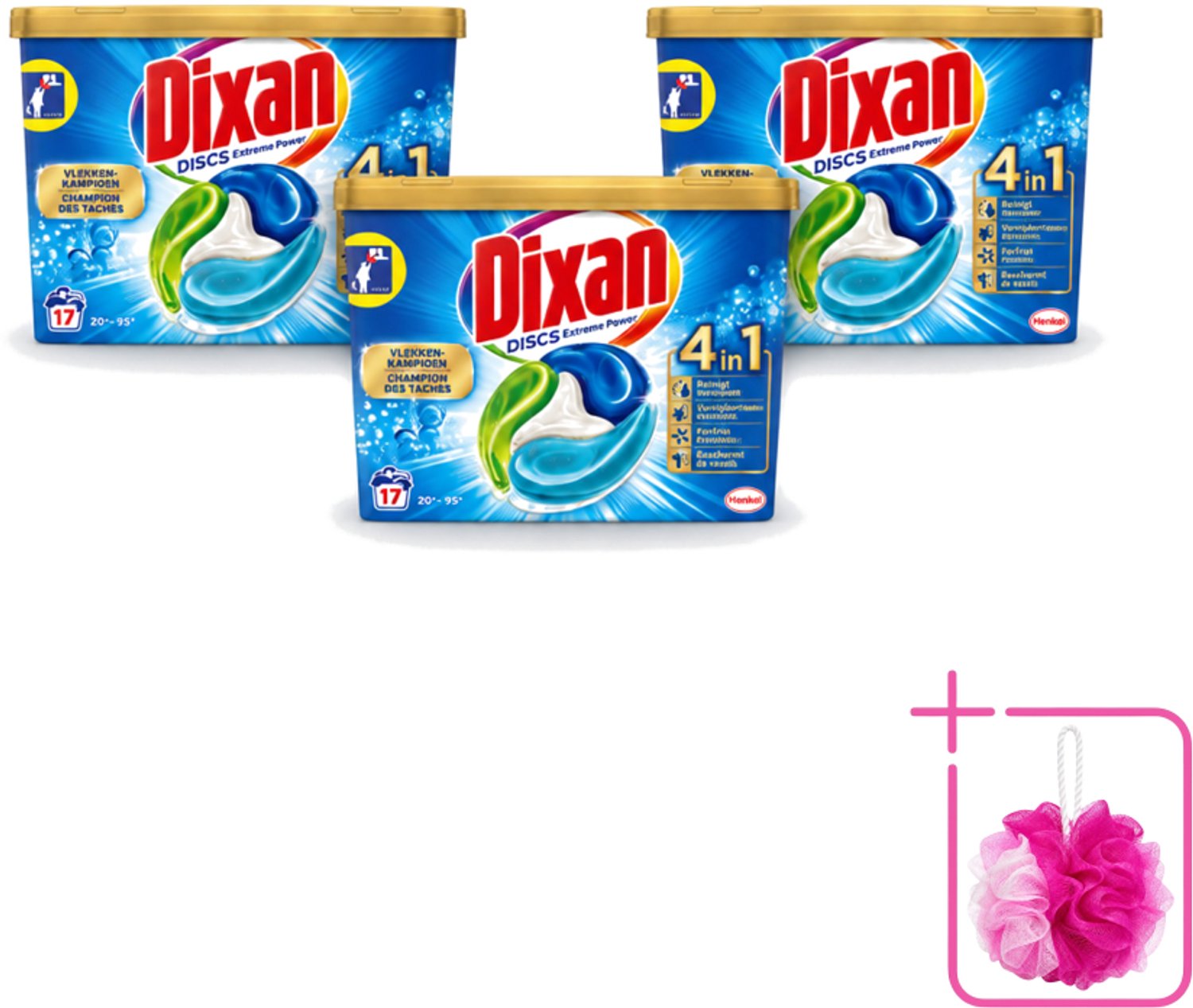 3 x Dixan Discs - Wasmiddelcapsules en Vlekverwijderaar - Extreme Power - Witte, Gekleurde & Zwarte Was - 17 Wasbeurten - Bulkverpakking - Wasmiddelcapsules - Douchemop - Vlekverwijderaar