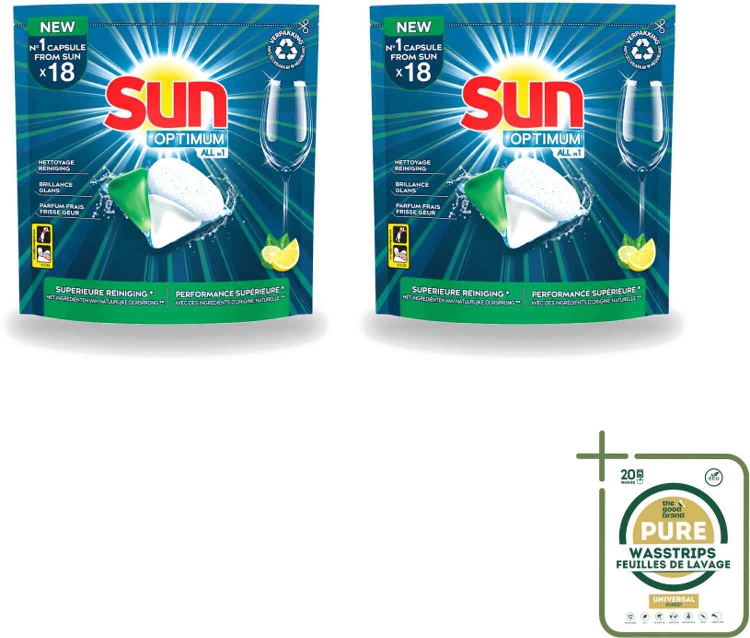 2 x Sun Optimum - All-in-1 - Vaatwasmiddel - Capsules - Citroen - 18 Capsules - Wasstrips - Vaatwasmiddel - Vaatwascapsules - Citroen - Reiniging - Spoelglans