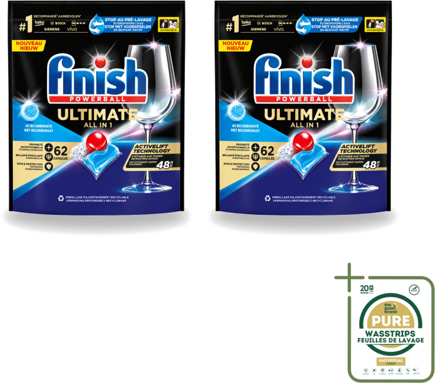 2 x Finish Powerball - Ultimate All in One - Vaatwastabletten - Met Bicarbonaat - 62 Capsules - Wasstrips - Vaatwasmiddel - Vaatwascapsules - Glans - Reiniging - Vlekken Verwijderen