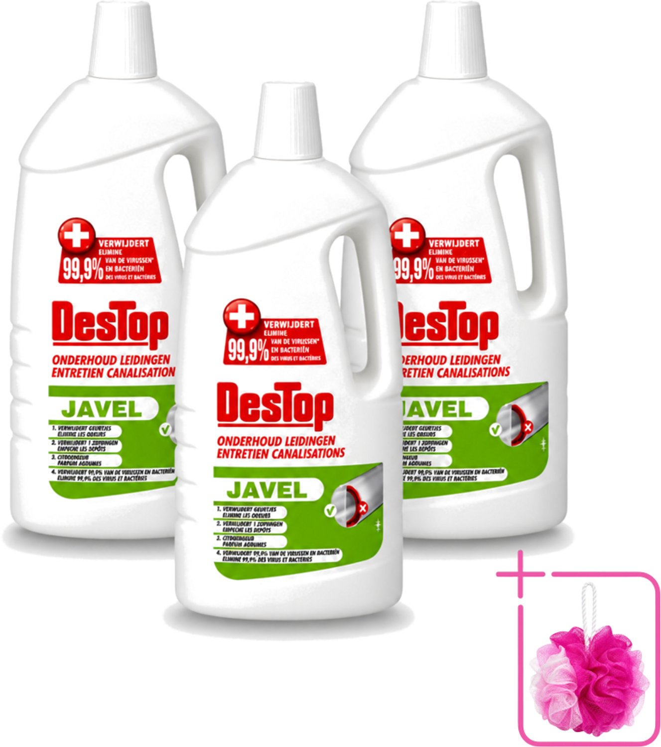 3 x DesTop - Onderhoud Leidingen - Javel - 4-in-1 Werking - Citroengeur - 1,5L - Bulkverpakking - Leidingen reinigen - Douchemop - Leidingen onderhouden