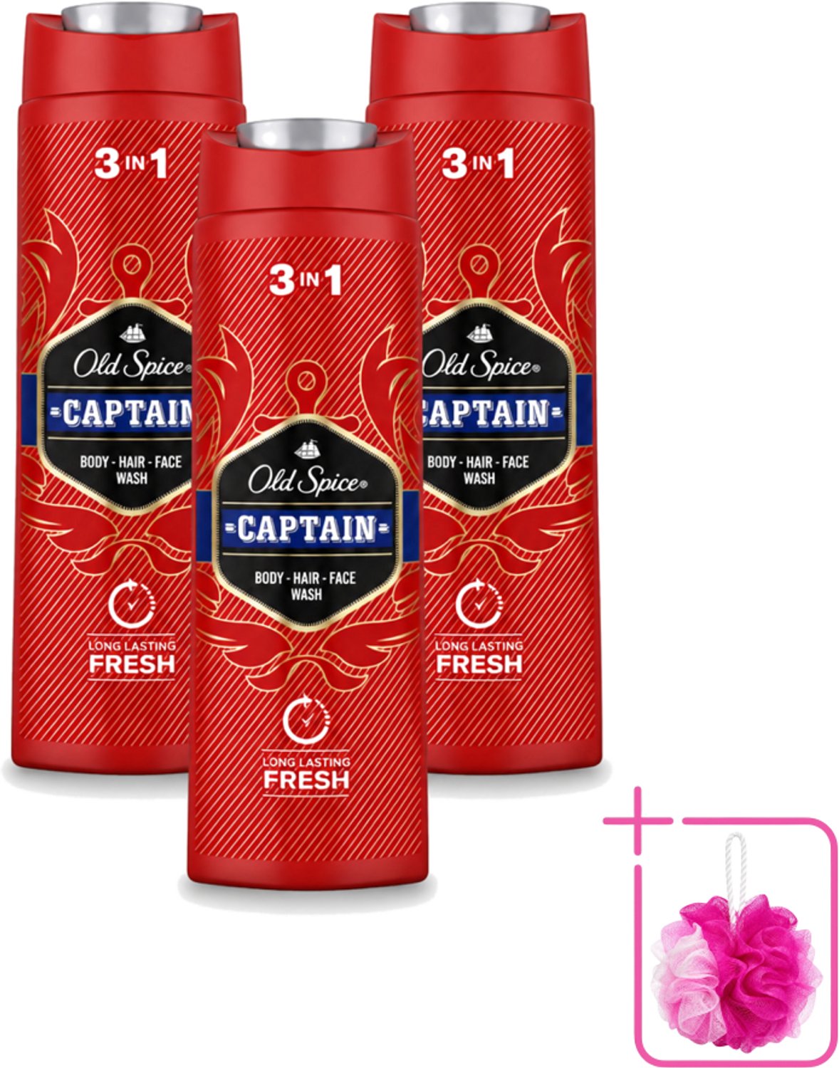 3 x Old Spice – Douchegel – Captain – 400 ml - Bulkverpakking - Douchegel voor mannen - Douchemop - Gezichtsreiniging