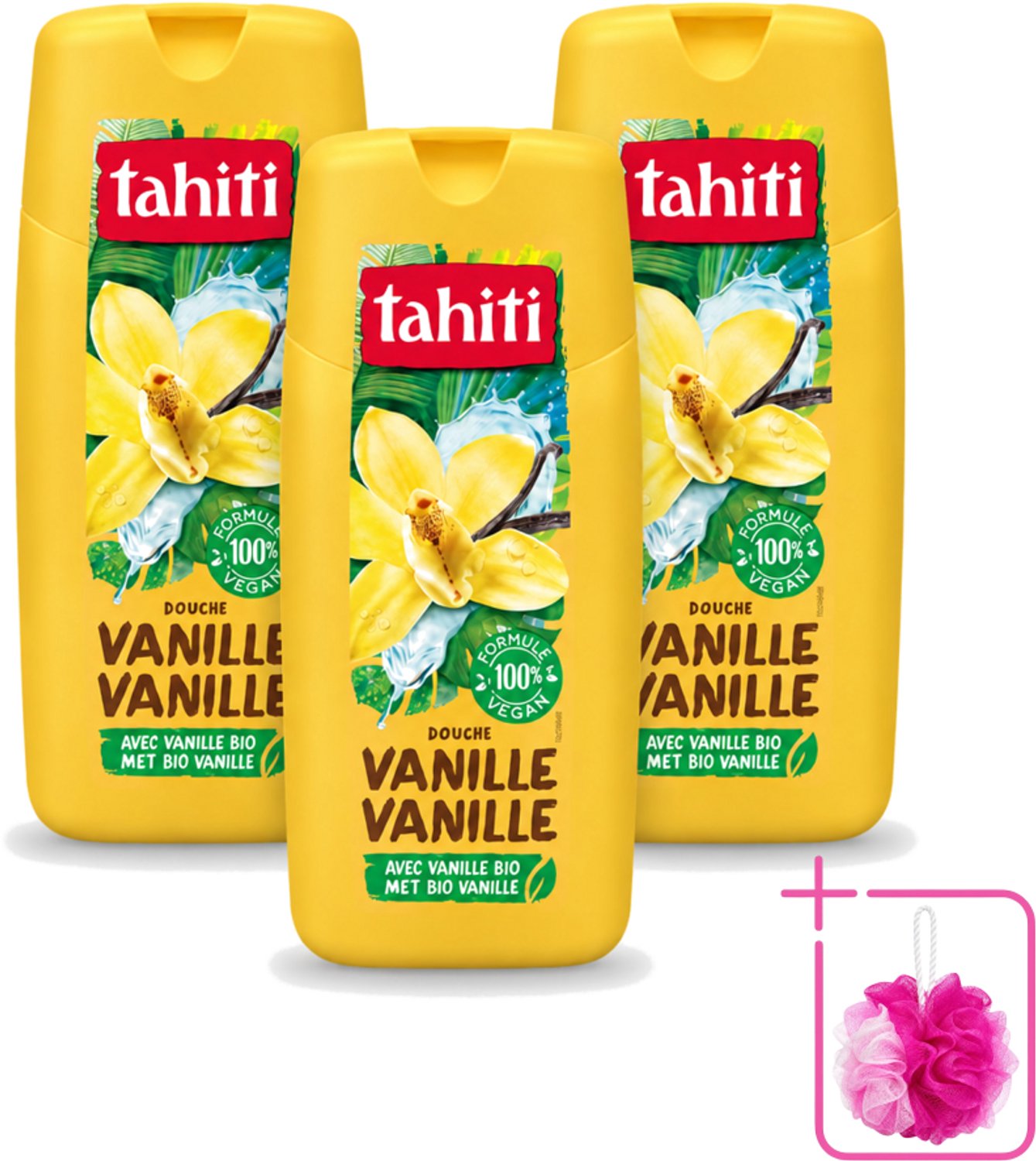 3 x Tahiti – Douchegel – Vanille - 300 ml - Bulkverpakking - Douchegel vanille - Douchemop - Douchegel voor huidverzorging