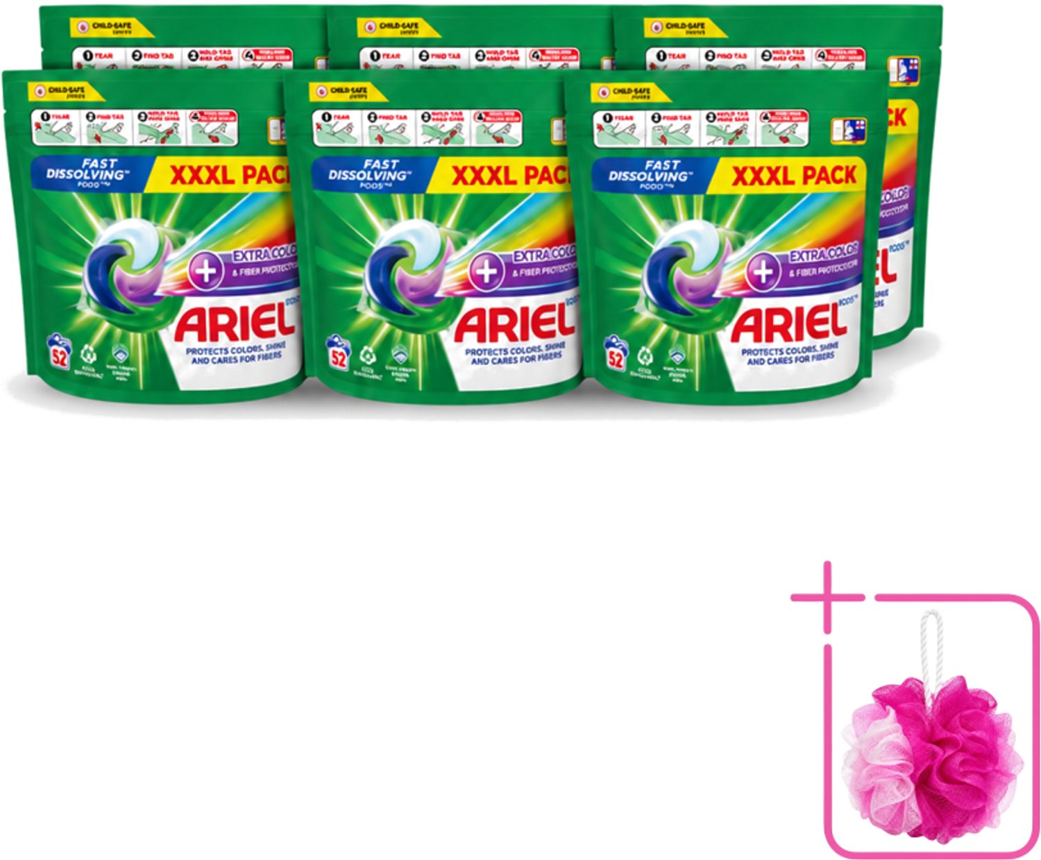 6 x Ariel – Waspods – Fiber Protection – 52 wasbeurten - Bulkverpakking - Vezelbescherming - Douchemop - Wasmiddel pod