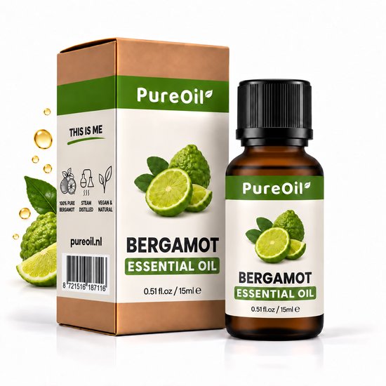 Flesje en doosje met bergamot etherische olie van PureOil. Groene bergamotvruchten en bladeren.