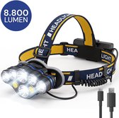 Nuvance hoofdlamp met 7 LED-lampen, blauw met gele band en 8800 lumen, met USB-C en USB-A kabels.