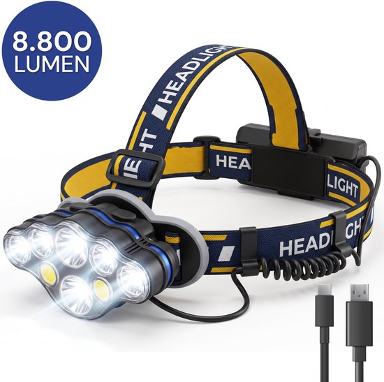 Nuvance hoofdlamp met 7 LED-lampen, blauw met gele band en 8800 lumen, met USB-C en USB-A kabels.