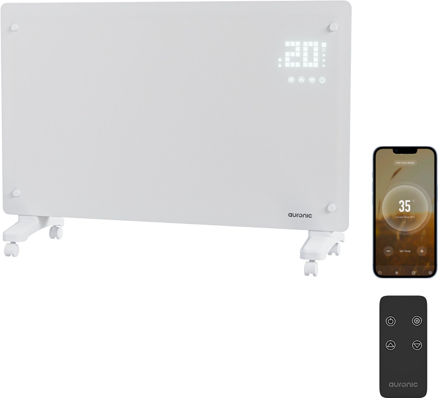 Auronic Elektrische Kachel Met App - 2000W - Convectorkachel Met Smart App & Afstandsbediening - Heater - Glazen Paneelverwarming - Badkamerverwarming - Wit