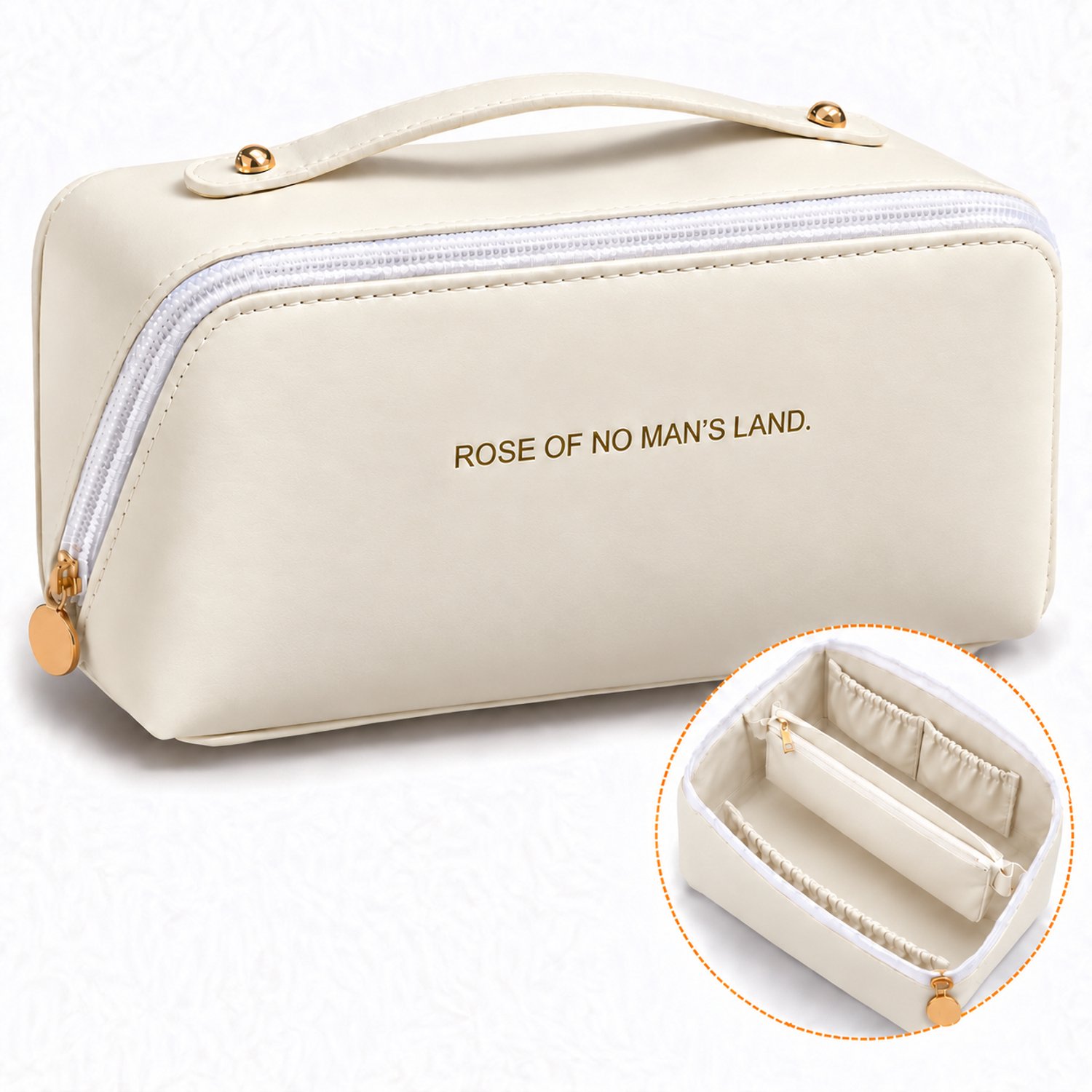 DIVERZA Toilettas Dames – PU Leer – Ruime Indeling met Ritsvak – Make-up Tas – 23 x 11,5 x 12,5 cm – Crème