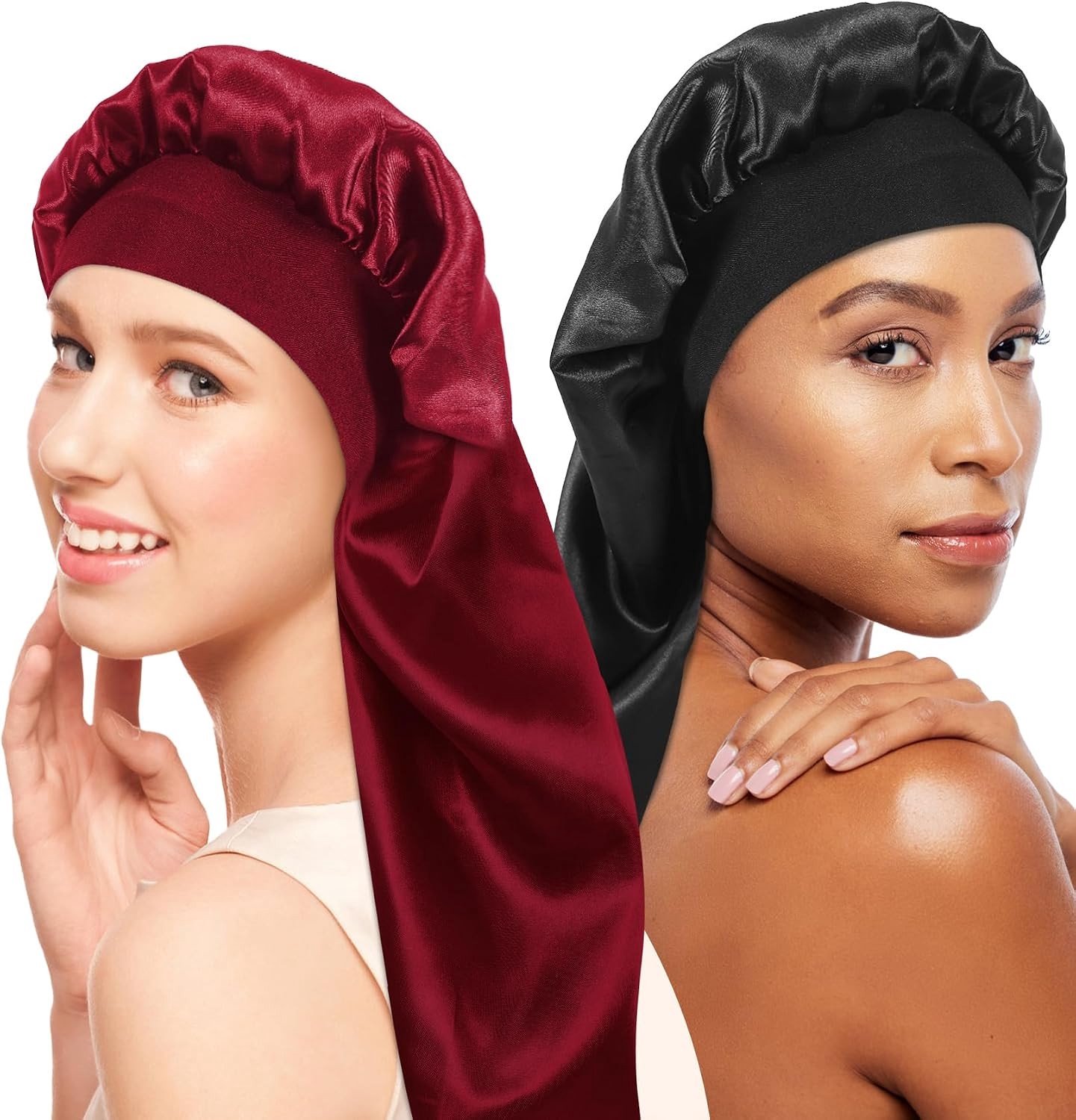 Lange Satijnen Slaapmuts - Zwart/Rood - Voor Dames