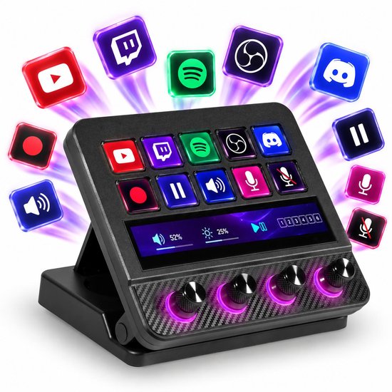 Stream Deck N4PRO met verlichte knoppen en 4 draaiknoppen. Omringd door zwevende app-pictogrammen zoals YouTube, Spotify en Discord.