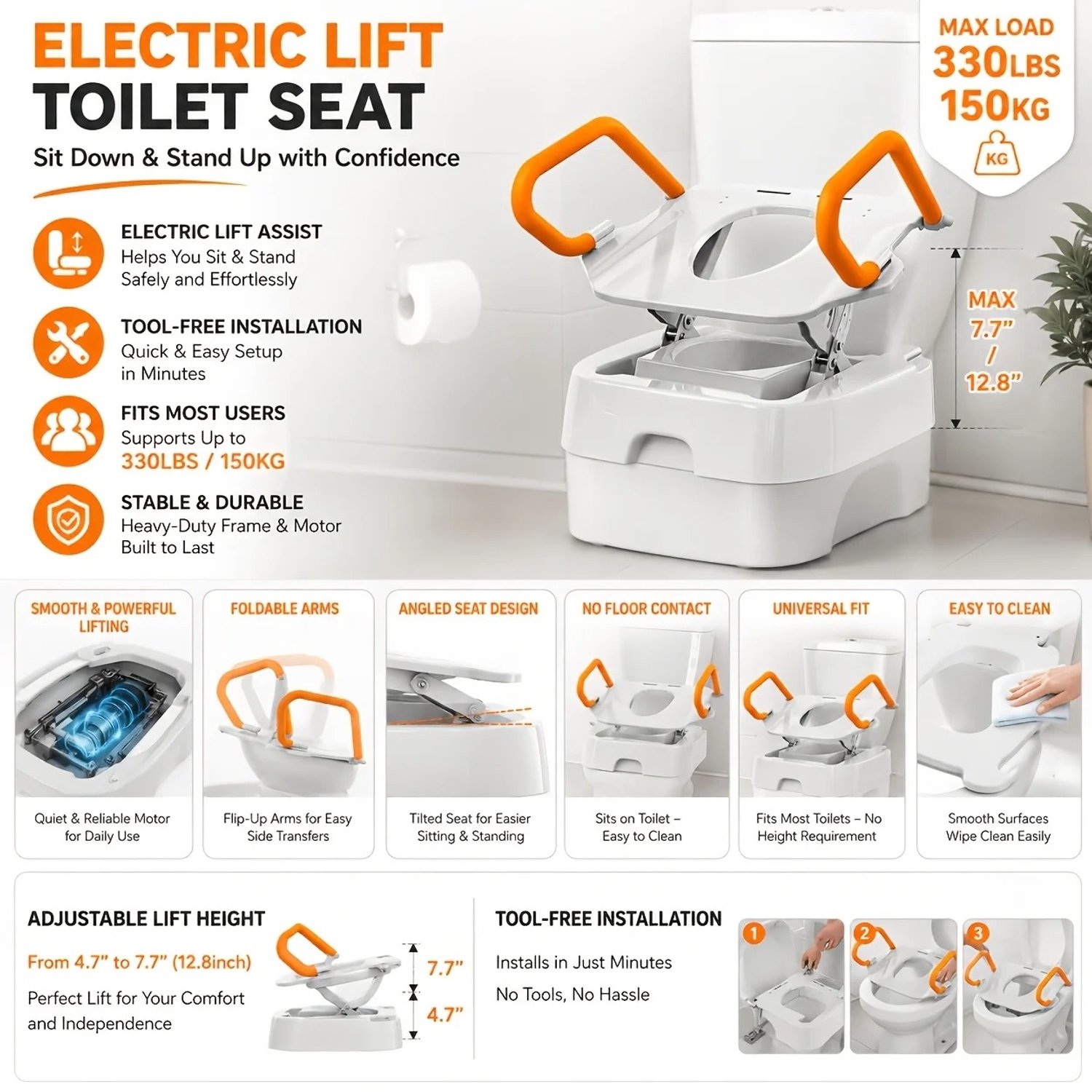 Heidat toiletlift - Elektrische toiletverhoger - Met opstahulp functie - Opklapbare armleuningen - Tot 150 kg