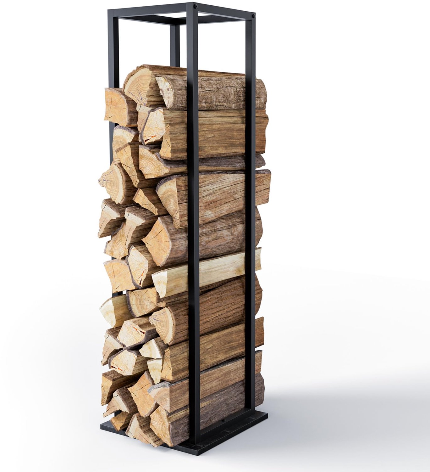 Famanu – Haardhoutrek van metaal, 33 x 33 x 112 cm, voor binnen en buiten, stabiel en ruimtebesparend, zwart