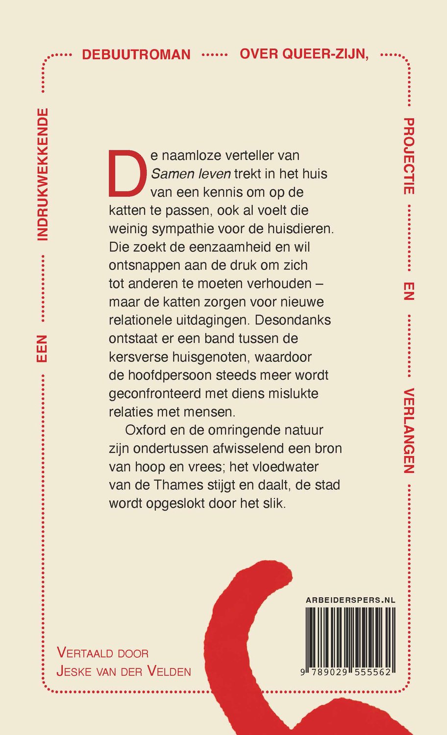Boekomslag met tekst en een rode afbeelding van een deel van een kat.