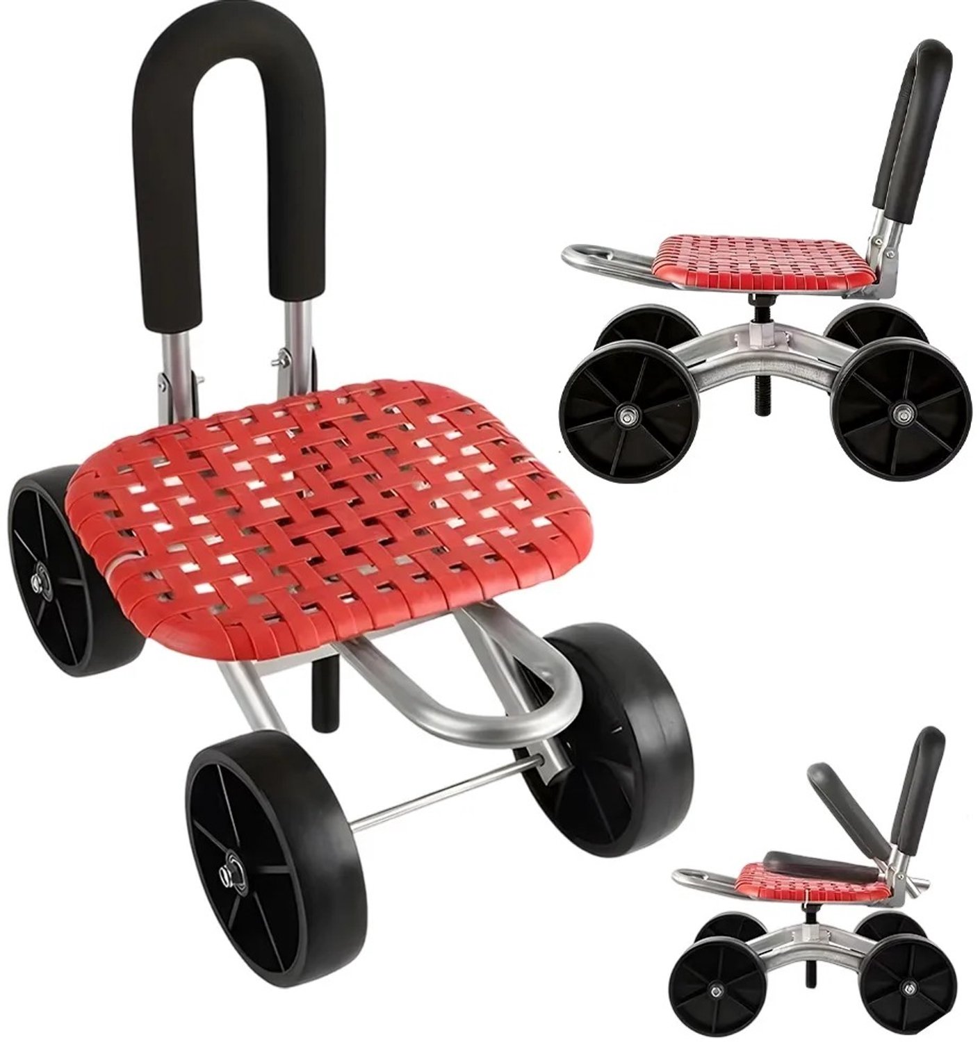 Nutrella - Mobiele Werkkruk - Ergonomisch - 360° Draaibare Zitting - Verstelbaar - Belastbaar tot 300 kg - 44 x 28 x 20-30 cm - Zwart / rood