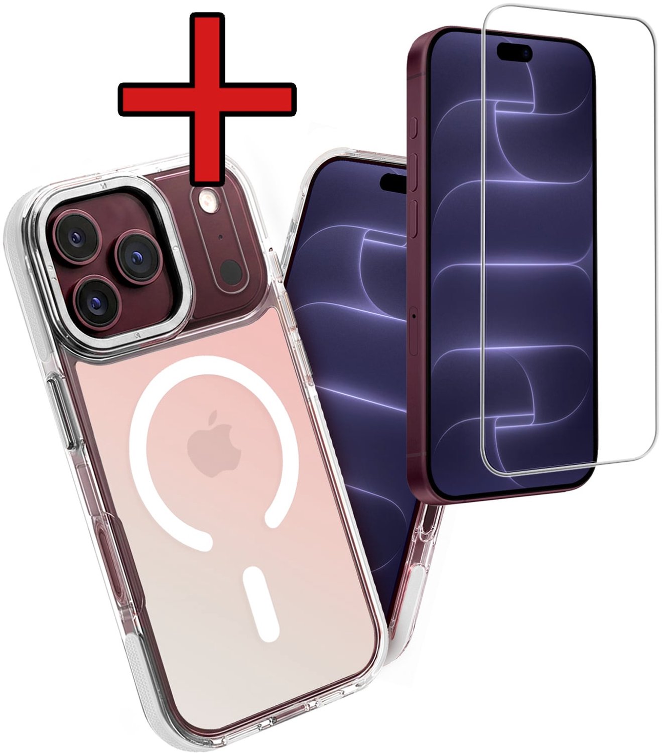 Hoesje - Met Screenprotector - Geschikt voor Apple iPhone 18 Pro - Magsafe Compatible - Holographic - Sterk & Shockproof - Shock Proof Case - Back Cover - Telefoon Hoes - Telefoonhoes - Wit