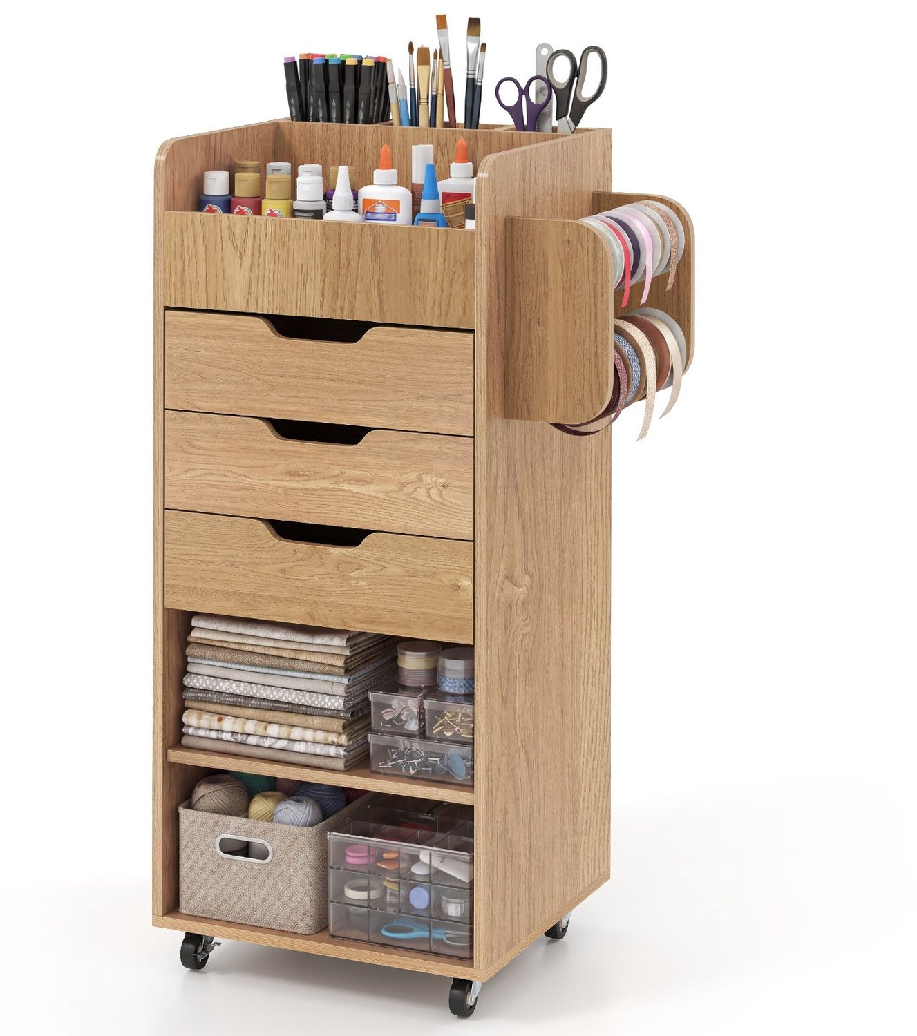 SureDeal® - Bureaukast - Verrijdbare Knutselwagen Opbergkast - Open Planken Multifunctionele - 48,5x33,5x85,5 cm - Naturel