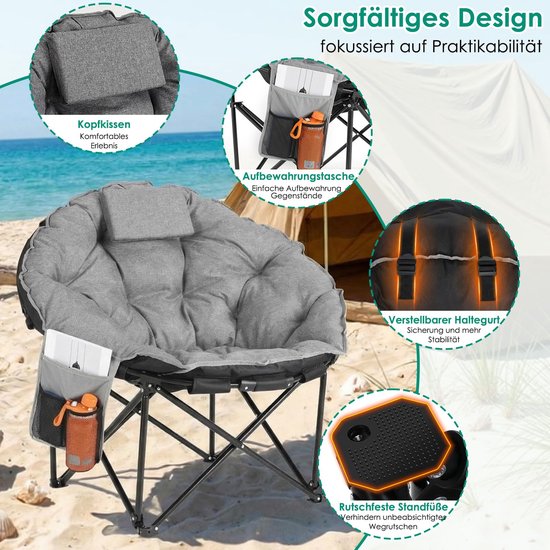 LIFERUN Campingstoel Opvouwbaar - Strandstoel - Klapstoel - Moonchair 150KG - Grijs — afbeelding 3