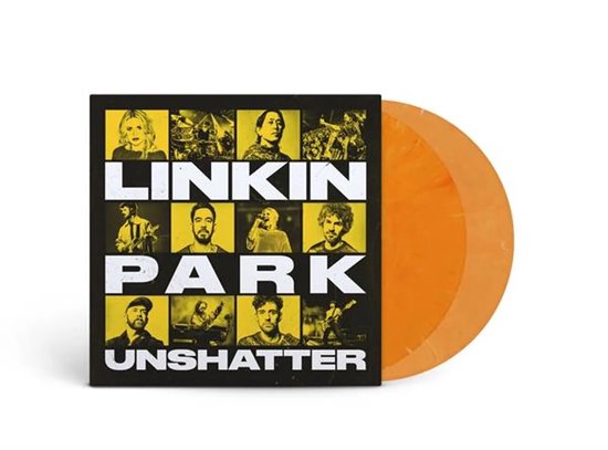 Pochette de Linkin Park Unshatter avec 12 photos et double vinyle orange.