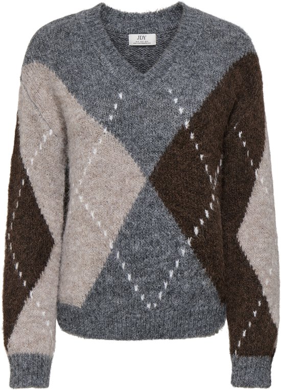 Grijze, beige en bruine V-hals trui met argyle-ruitpatroon van JDY.