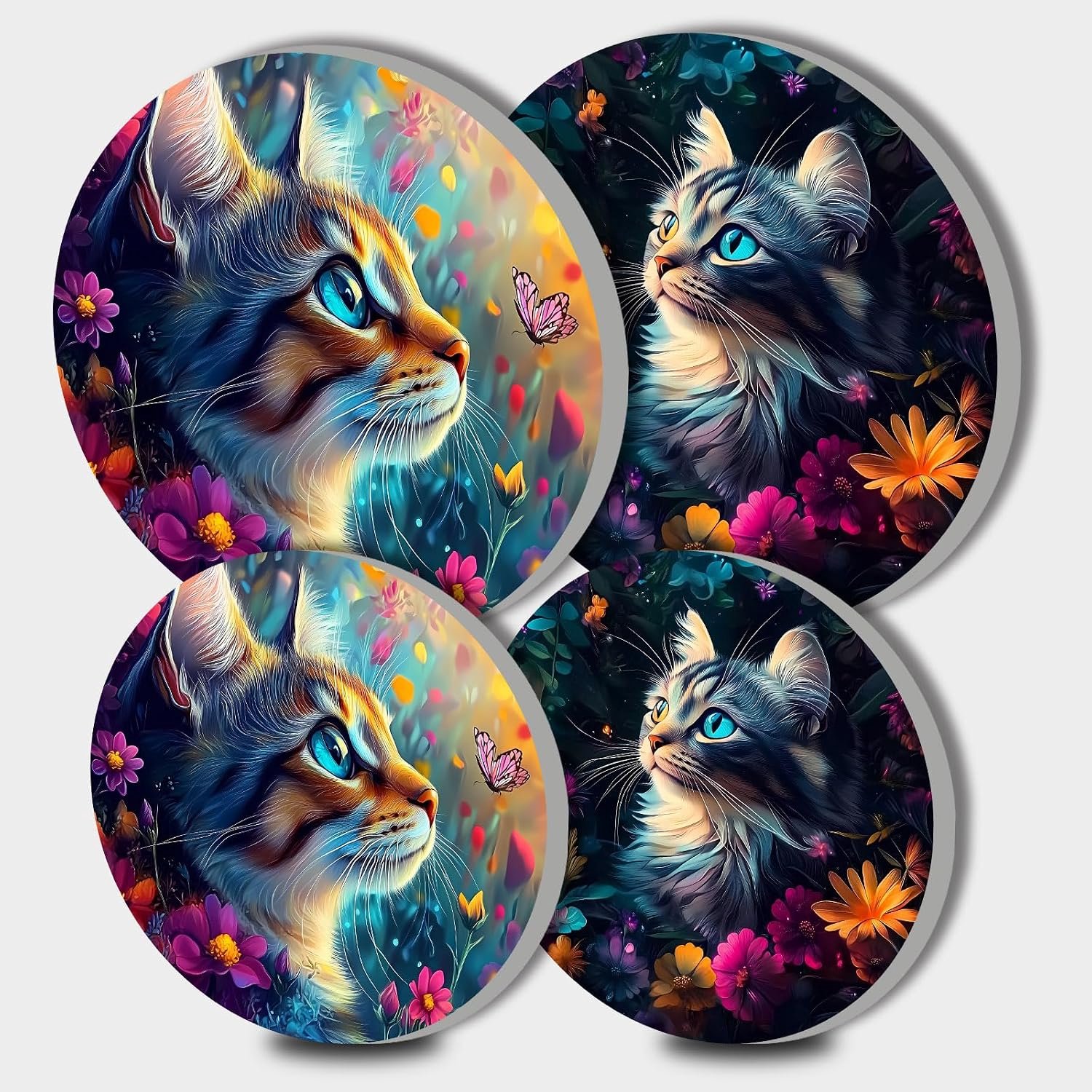 Walarky Kat en kleurrijke bloemen foto ronde kookplaat covers 4-delig fornuis plaat fornuis kookplaat covers voor - ShopVlot