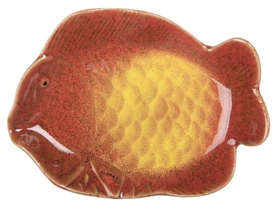 Oranje keramische decoratieschaal in de vorm van een vis, met gele accenten.
